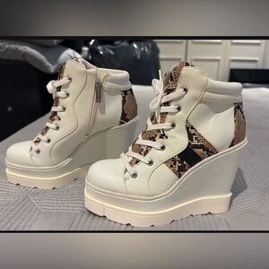 Jessica Simpson Cream and Brown Wedge Sneakers